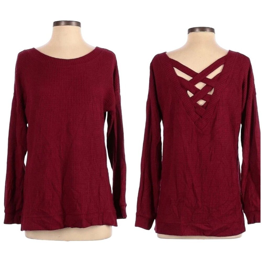 1 STATE Womens Waffle Knit Top Crisscross Back Detail Long Sleeve Size Medium